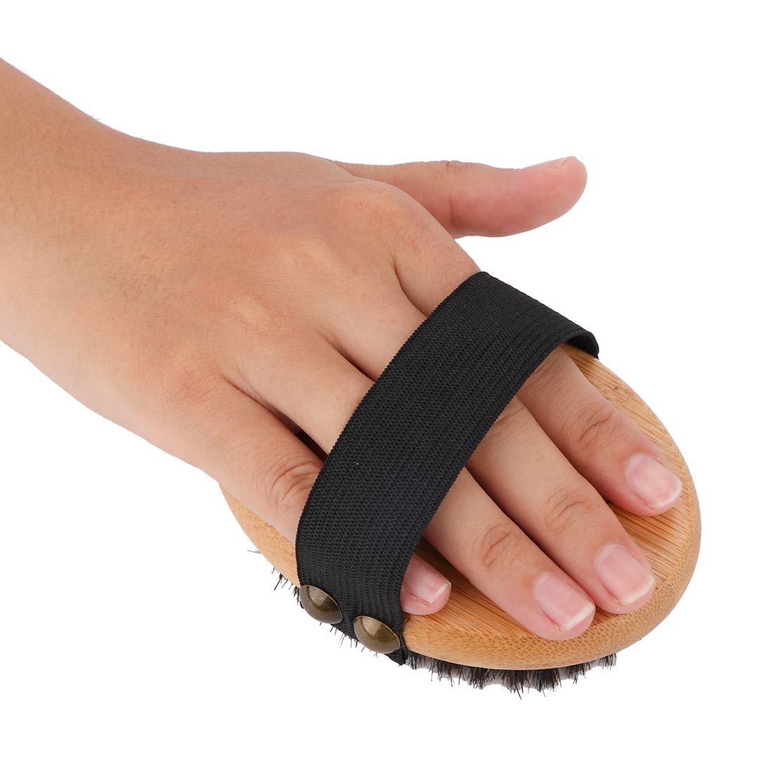 Clumsy Pets Bamboo Grooming Palm-Held Pets Brush With Boar Bristles & Elastic Band For Dog Cat Shower Bath And Massage