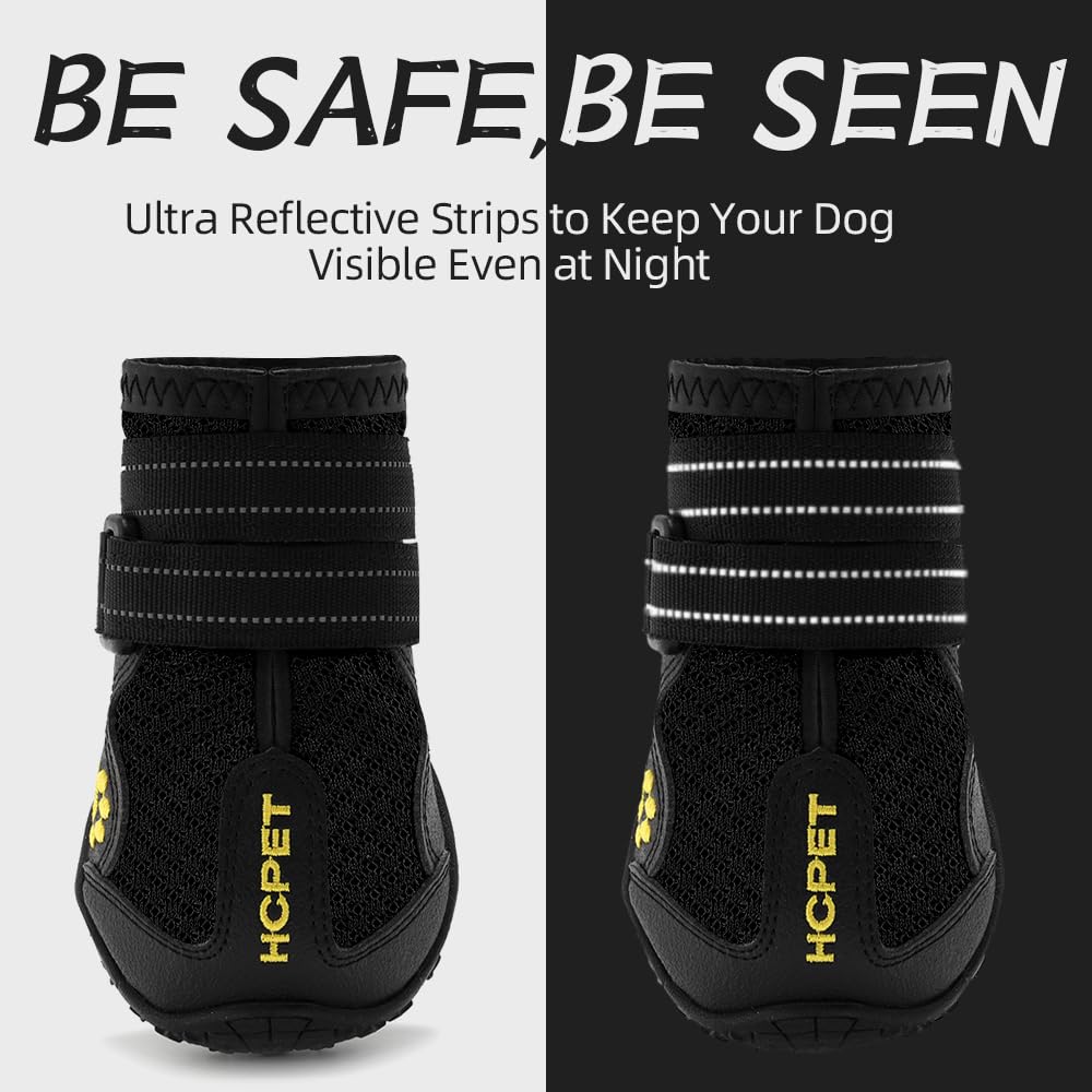 Hcpet Dog Boots - Anti-Slip Summer Shoes for Small to Large Dogs, #7 Size, Black-Breathable with Reflective Straps