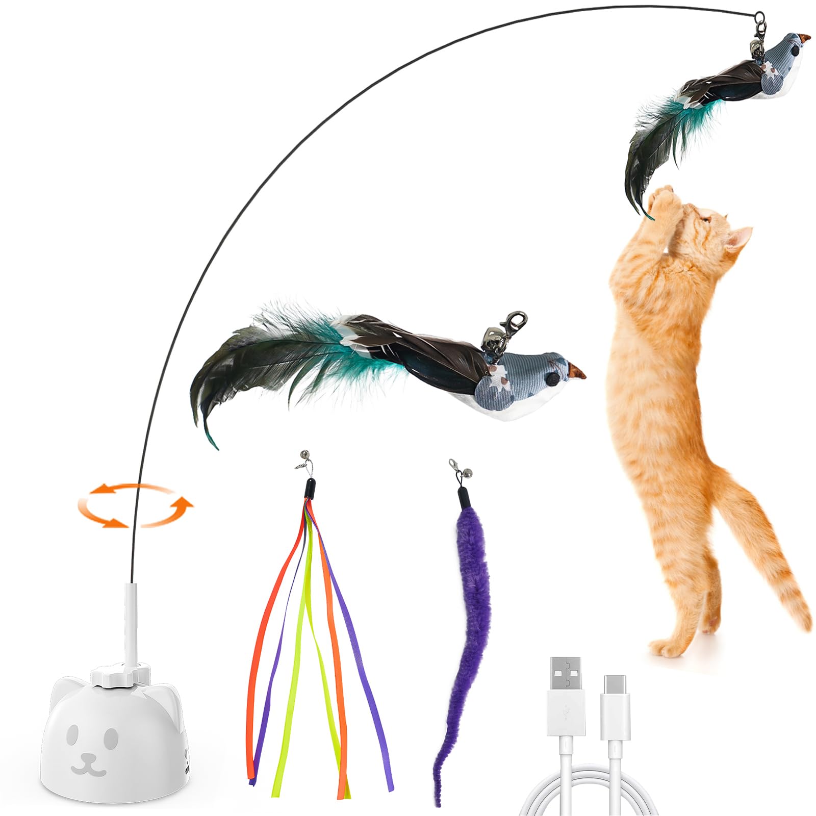 Xuyub Cat Toys Feather Wand Enhanced Suction Cup Interactive Cat Toy Auto-Swing Cat Wand Toy With 3Pcs Replacement Teaser Refill