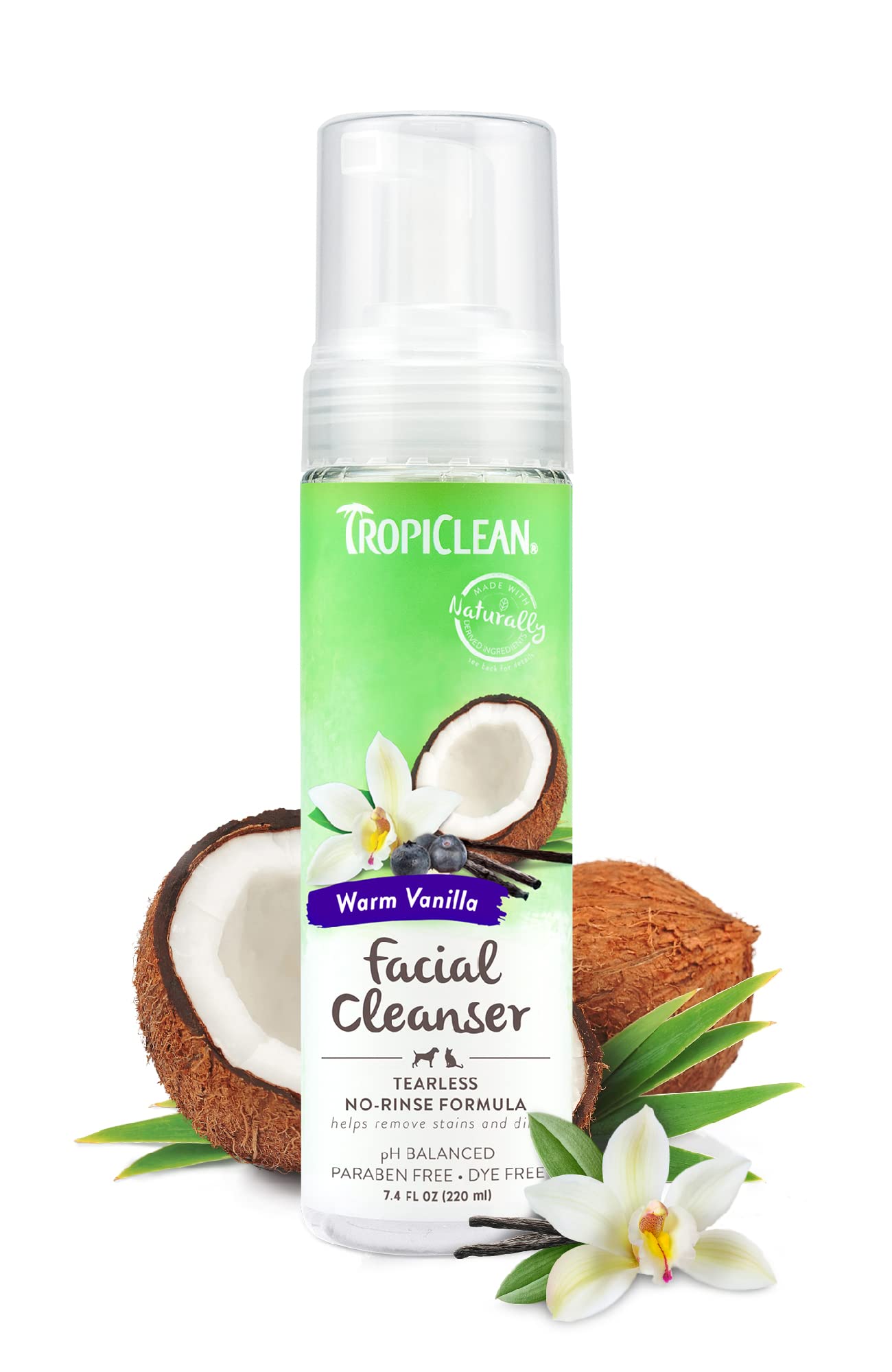 TropiClean Warm Vanilla Waterless Facial Cleanser for Dogs | Dog Foam Face Wash | Dog Face Wash Derived from Natural Ingredients