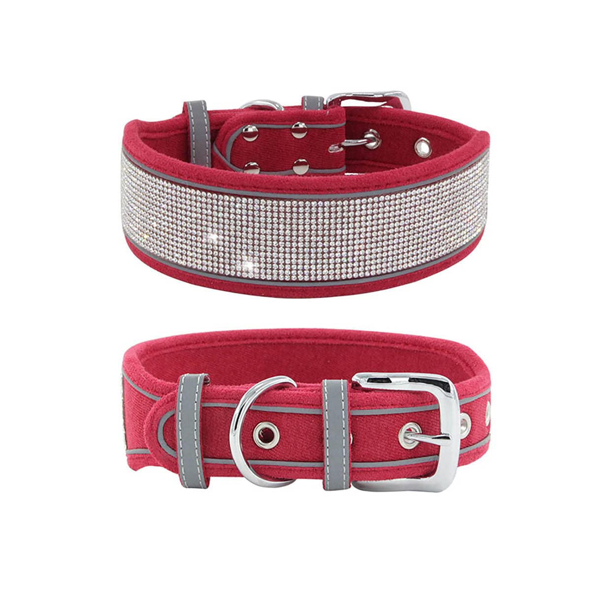 Idolpet Bling Rhinestone Dog Collar Soft Comfortable Stylish Dog Collar With Bright Reflective Stripe Premium Adjustable Diamond Crystal Pet Collar For Medium And Large Dogs (L, Red)