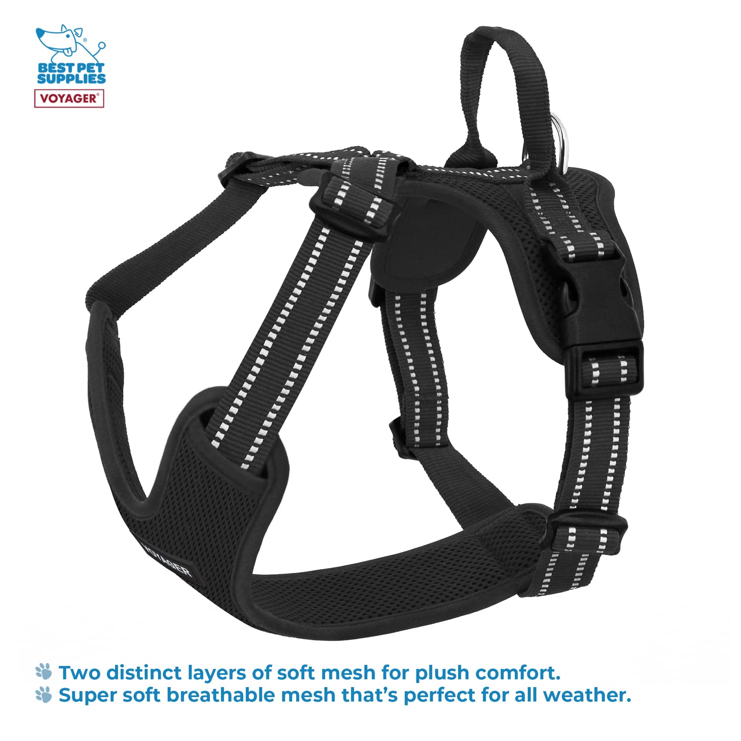 Air Frontier Mesh Dog Harness With Steel Leash D-Ring, Reflective Stitching, And Lightweight Breathable No-Pull Design, Adjustable Neck And Chest Straps For Small To Large Breeds - Bk, Xs