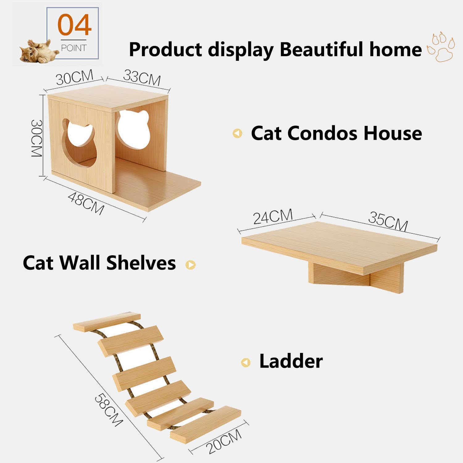 Canormpet Cat Wall Shelves - 3 Levels Cat Furniture, Pine Wood, Natural Color, Model CA102, Includes Condo, Scratching Post, and Bridge Ladder
