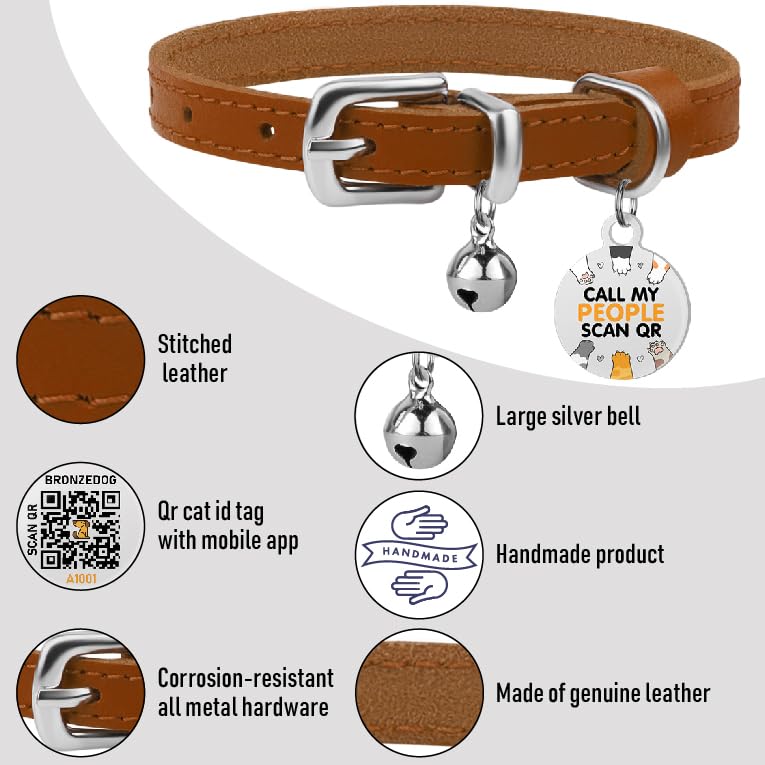 Bronzedog Leather Cat Collar With Removable Bells Non Breakaway Kitten Qr Tag For Girl Boy (9' - 12' Cats/Mini Dogs, Light Brown & Silver)