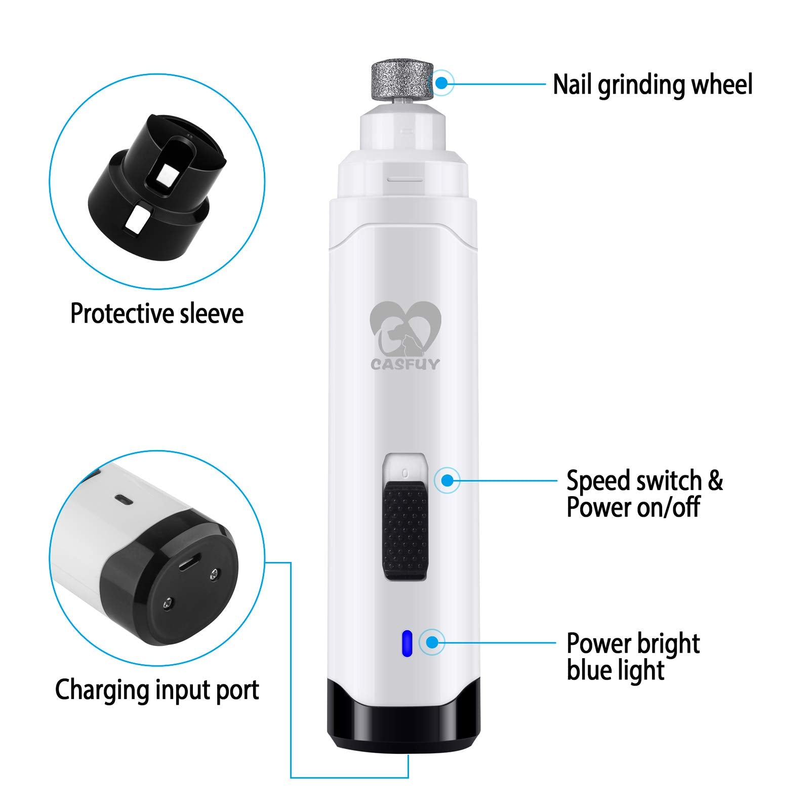 Casfuy Dog Nail Grinder Upgraded - Professional 2-Speed Electric Rechargeable Pet Nail Trimmer Painless Paws Grooming & Smoothing For Small Medium Large Dogs & Cats (White)