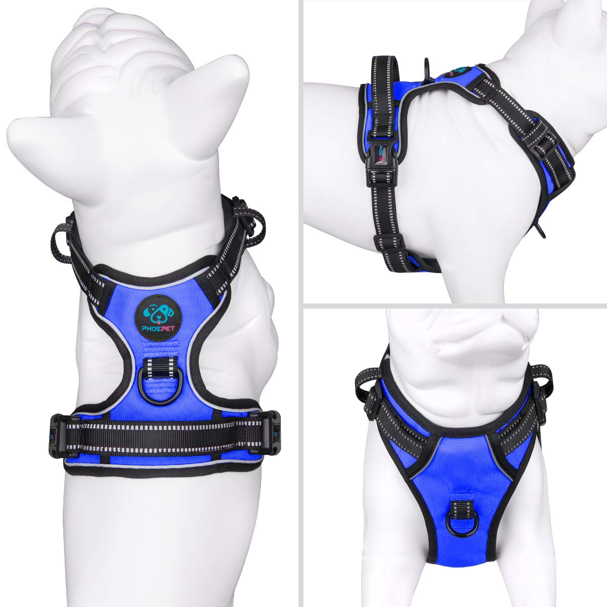 Phoepet No Pull Dog Harnesses For Small Puppies Reflective Adjustable Front Clip Vest With 2 Metal Leash Attachment Hooks Soft Handle [Over The Head Design](M, Royal Blue)