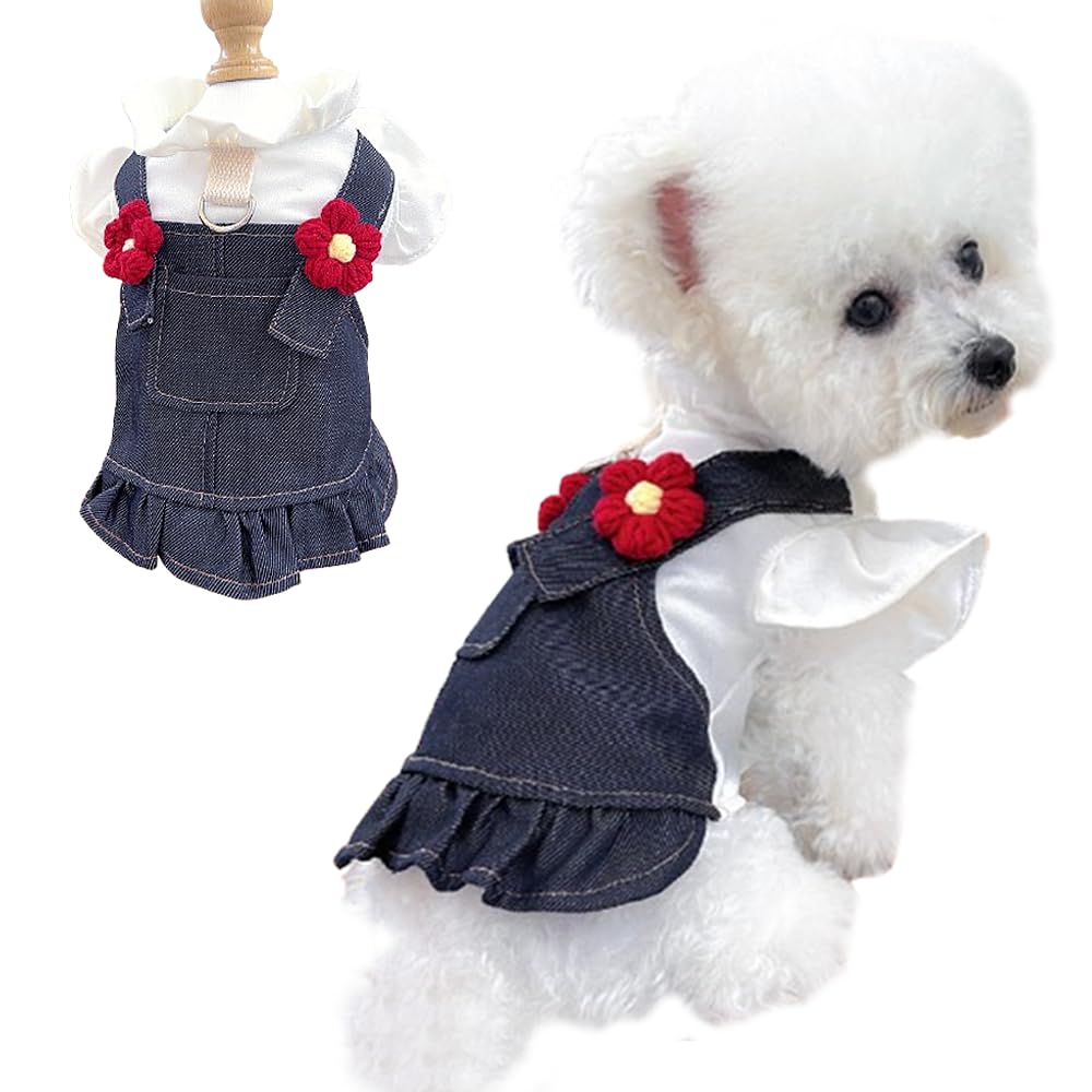 Aniac Denim Small Puppy Dress 3D Flowers Girl Dog Clothes With D-Ring And Pocket Female Cat Harness Dresses Cute Shih Tzu Yorkie