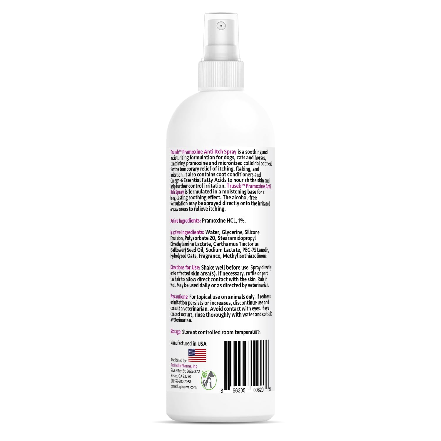 Pet Health Pharma Truseb | Pramoxine HCL 1% Spray for Dogs and Cats with Moisturizing Oatmeal Made in U.S.A (8 oz)