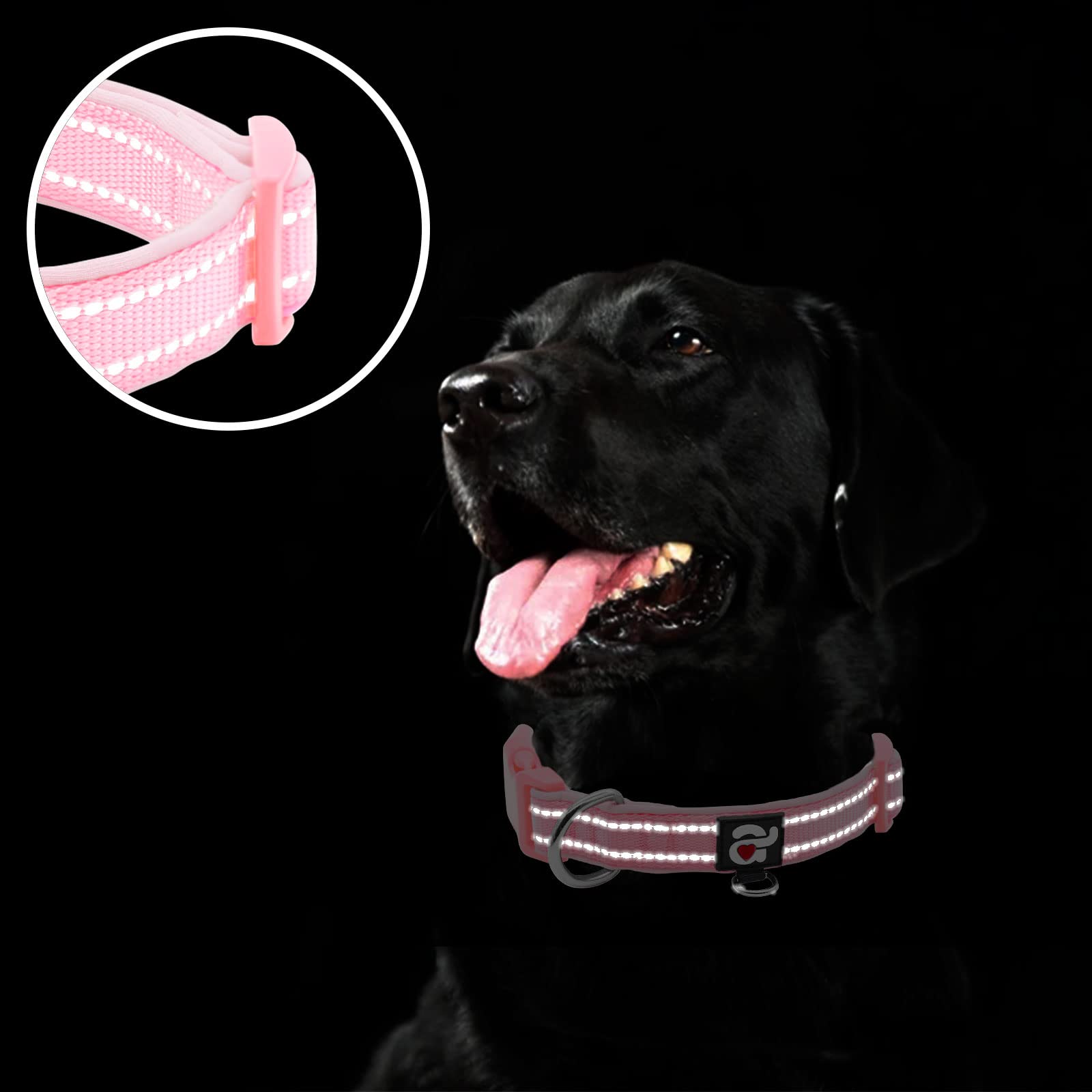 Azuza Reflective Dog Collar,Soft Neoprene Padded Pet Collar With Id Tag Ring,Adjustable For Medium Dogs,Pink,M