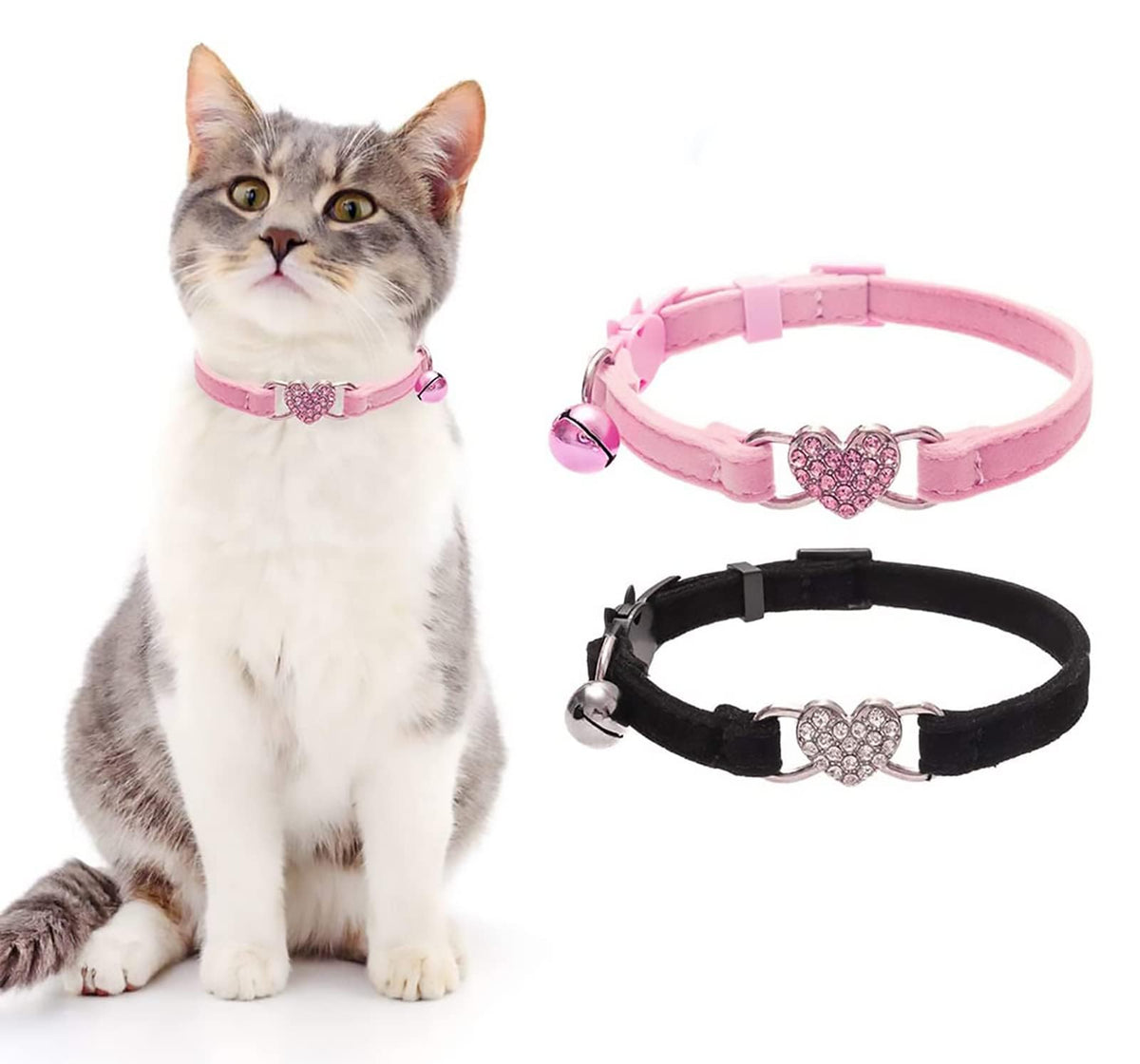 Bingpet Cat Collar Breakaway With Bell, Pack Of 2 Heart Bling Collar Safety With Soft Velvet Adjustable For Kittens