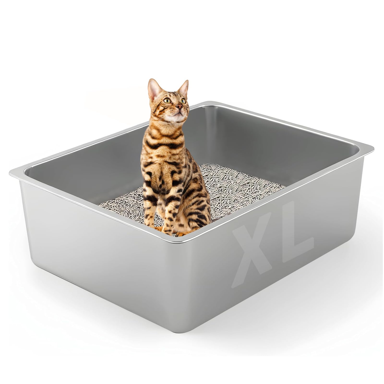 Stainless Steel Cat Litter Box - XL Metal High Sided Cat Pan Tray, Easy to Clean Non Stick Odorless Large Pet Toilet Supplies fo