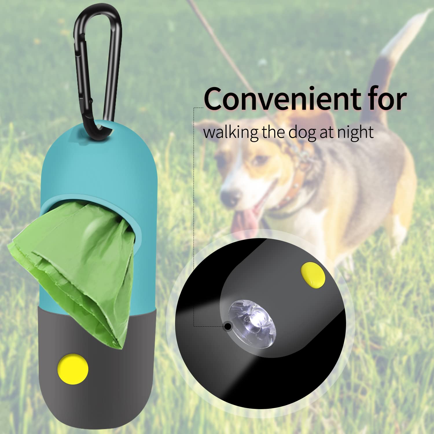 2 Pack Dog Poop Bag Dispenser with Built-in LED Flashlight, Pet Waste Bag Holder for Leash with Carabiner Clip for Lead Leash, 2