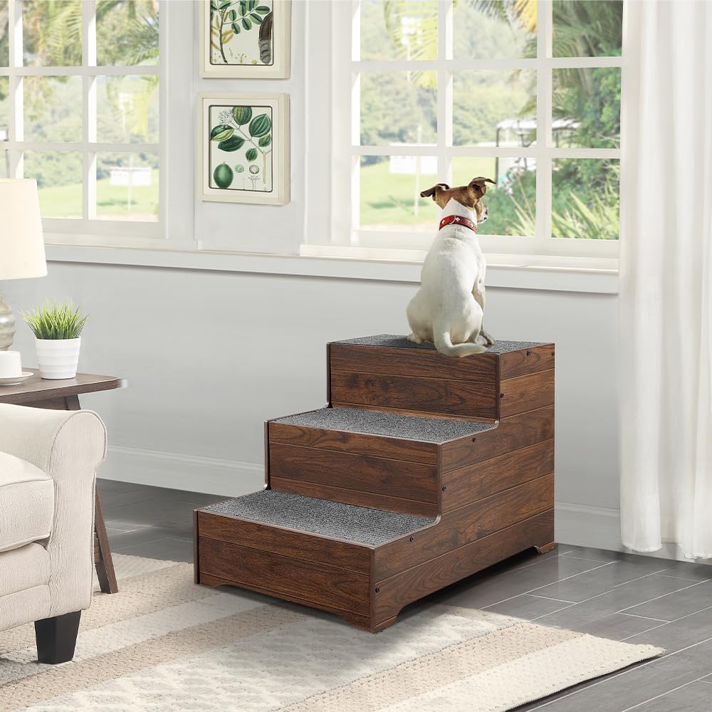 beeNbkks Dog Stairs Furniture, Extra Wide Wooden Pet Steps for Medium Large Dogs and Cats, Non-Slip Pet Ladder for Elderly Injur