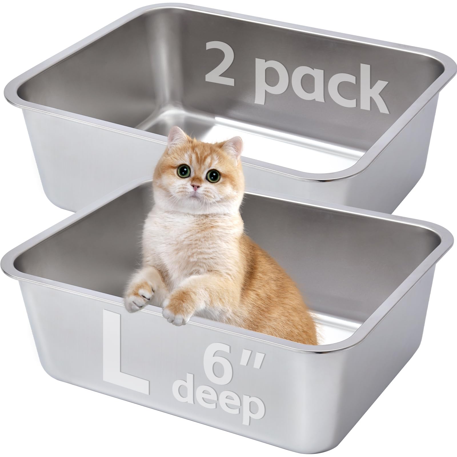 Egmehoad Stainless Steel Litter Cat Box Medium 2 Pack-Metal High Sided Cat Pan, Medium Cats Litter Box Easy To Clean, Pet Toilet