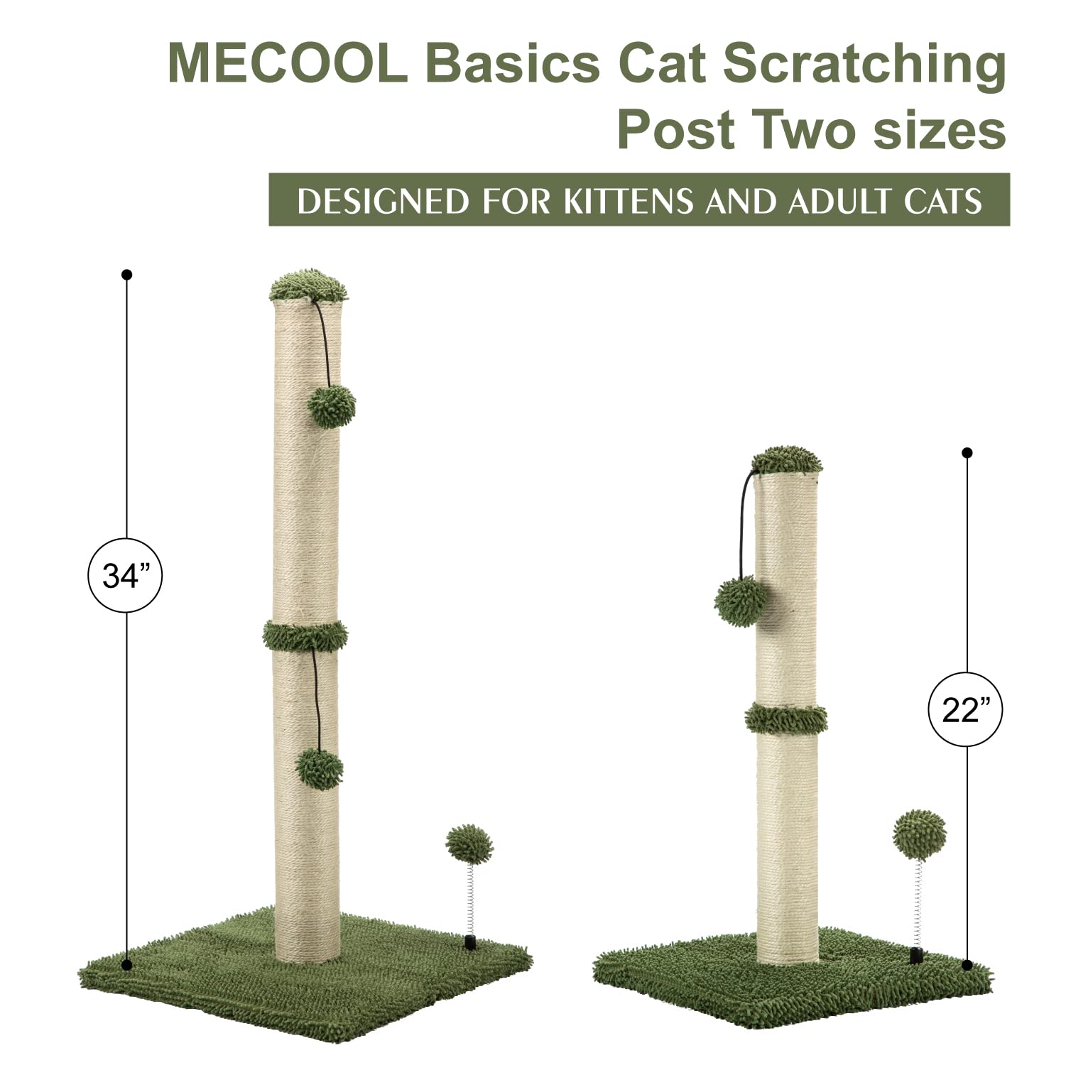 Mecool 34“ Tall Cat Scratching Post Premium Basics Kitten Scratcher Sisal Scratch Posts Trees With Hanging Ball For Indoor Cats (34 Inches For Adult Cats, Cactus Green)