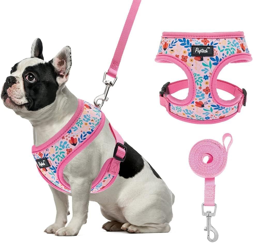 Pupteck Soft Mesh Dog Harness Pet Puppy Comfort Padded Vest No Pull Harnesses (Small, Pink Floral)