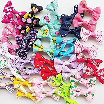 Chenkou Craft 40Pcs/20Pairs New Dog Hair Bows With Clips Pet Grooming Products Mix Colors Varies Patterns Pet Hair Bows Dog Accessories (Bow With Clip)