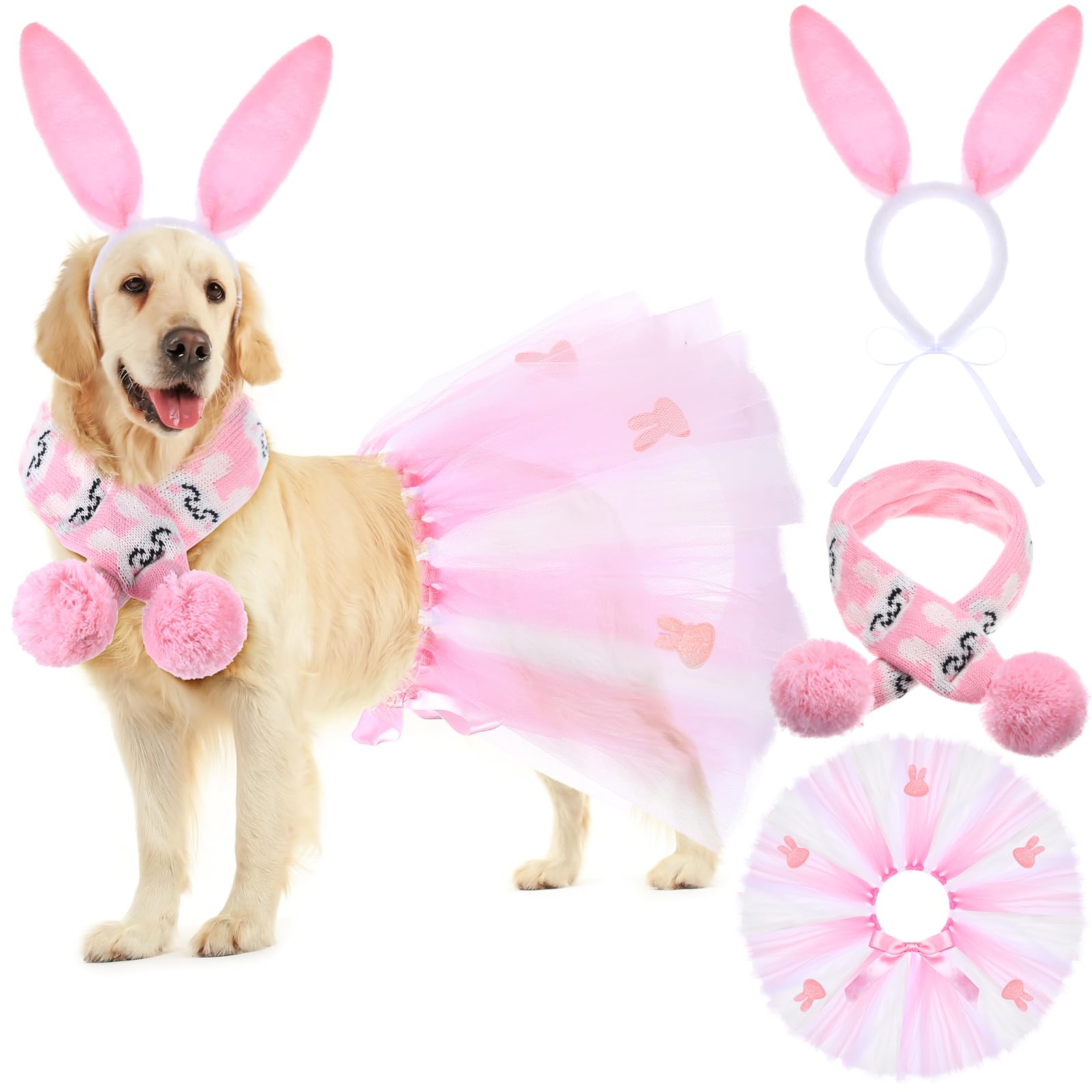 Siltriangle 3 Pieces Easter Dog Costume Set Including Easter Rabbit Ears Headband Easter Dog Tutu Dress Cute Pet Tutu Pink Easte