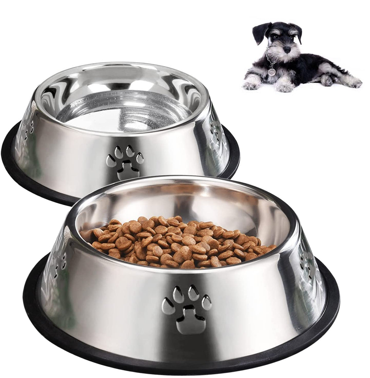 YUDANSI 2 Stainless Steel Dog Bowls, Dog Feeding Bowls, Dog Plate Bowls with Rubber Base, Small and Medium Pet Feeder Bowls and 