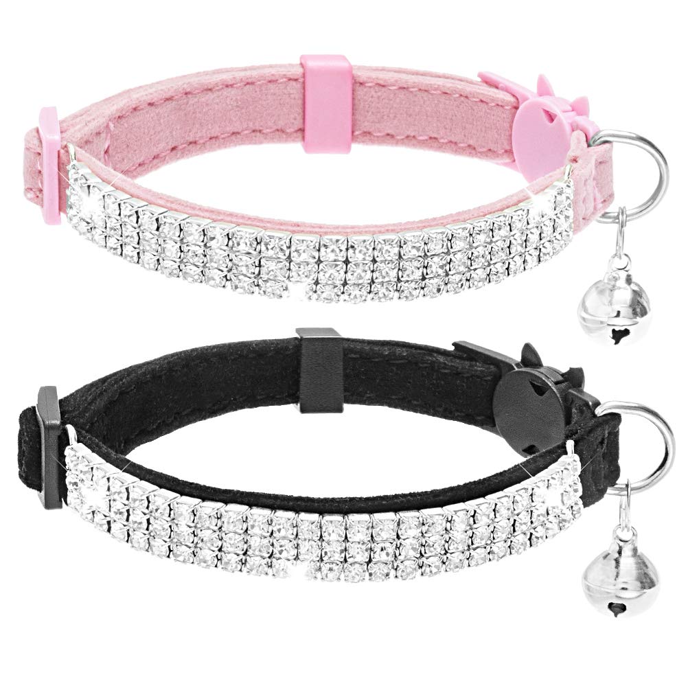 Expawlorer Cat Collar Breakaway With Bells - 2 Pack Rhinestones Bling Diamante Collars - Soft Velvet Safe Adjustable Shing Colla