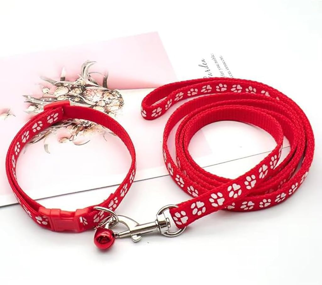 Red Bell Collar For Small Dogs Leash Set, Nylon Basic Reflective Girl Dog Collar Paw Print For Xxs Xs Small Cat Puppy Pet Animal