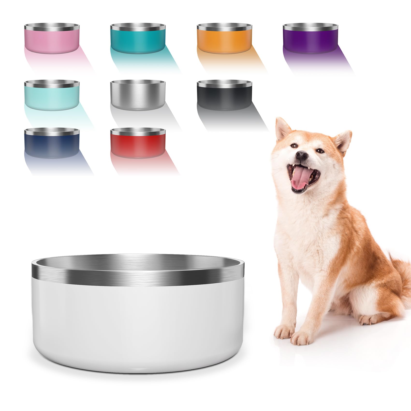WENBOKMIN Dog Bowl, Stainless Steel Dog Food and Water Bowl with Non Slip Quiet Bottom, Easy to Clean, Dishwasher Safe, 64oz, Wh