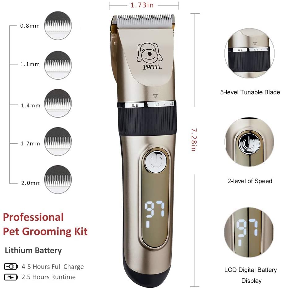 Iweel Dog Clippers, 2-Speed Professional Rechargeable Cordless Cat Shaver And Low Noise Water Proof Electric Dog Trimmer Pet Grooming Kit Animal Hair Clippers Tool With Scissors Combs