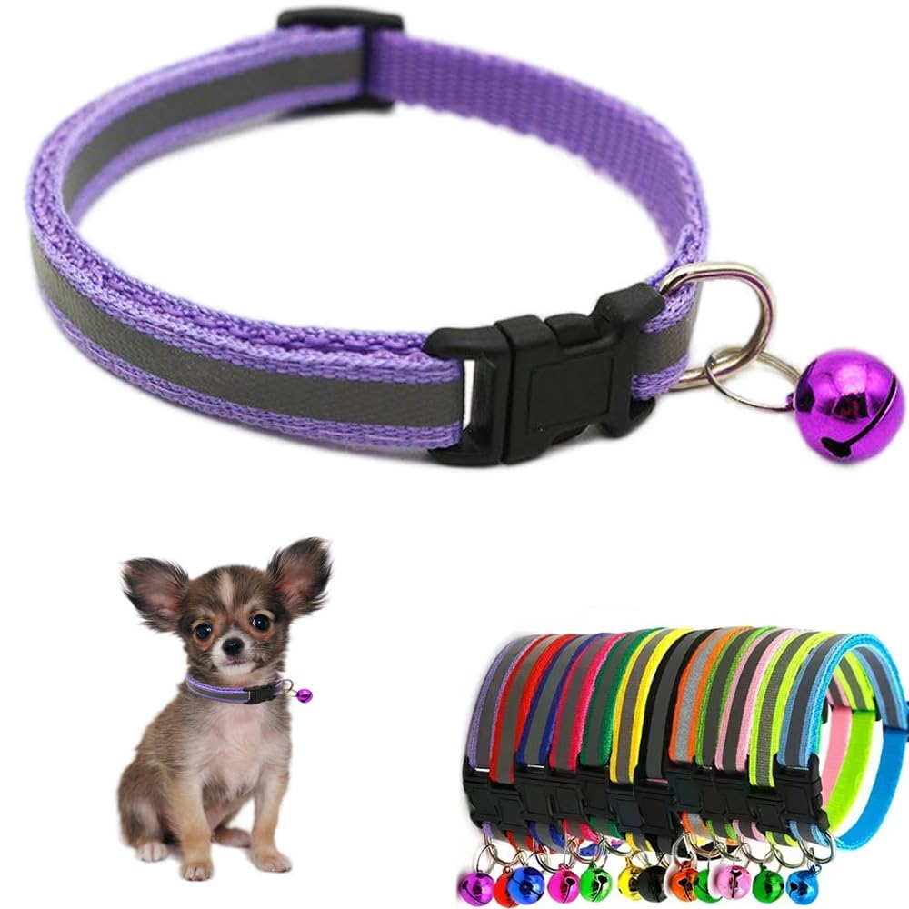 Purple Cat Collar With Bell, Reflective Xs Dog Collars Soft Adjustable Buckle For Xxs Xsmall Extra Small Dogs Tiny Little Puppie