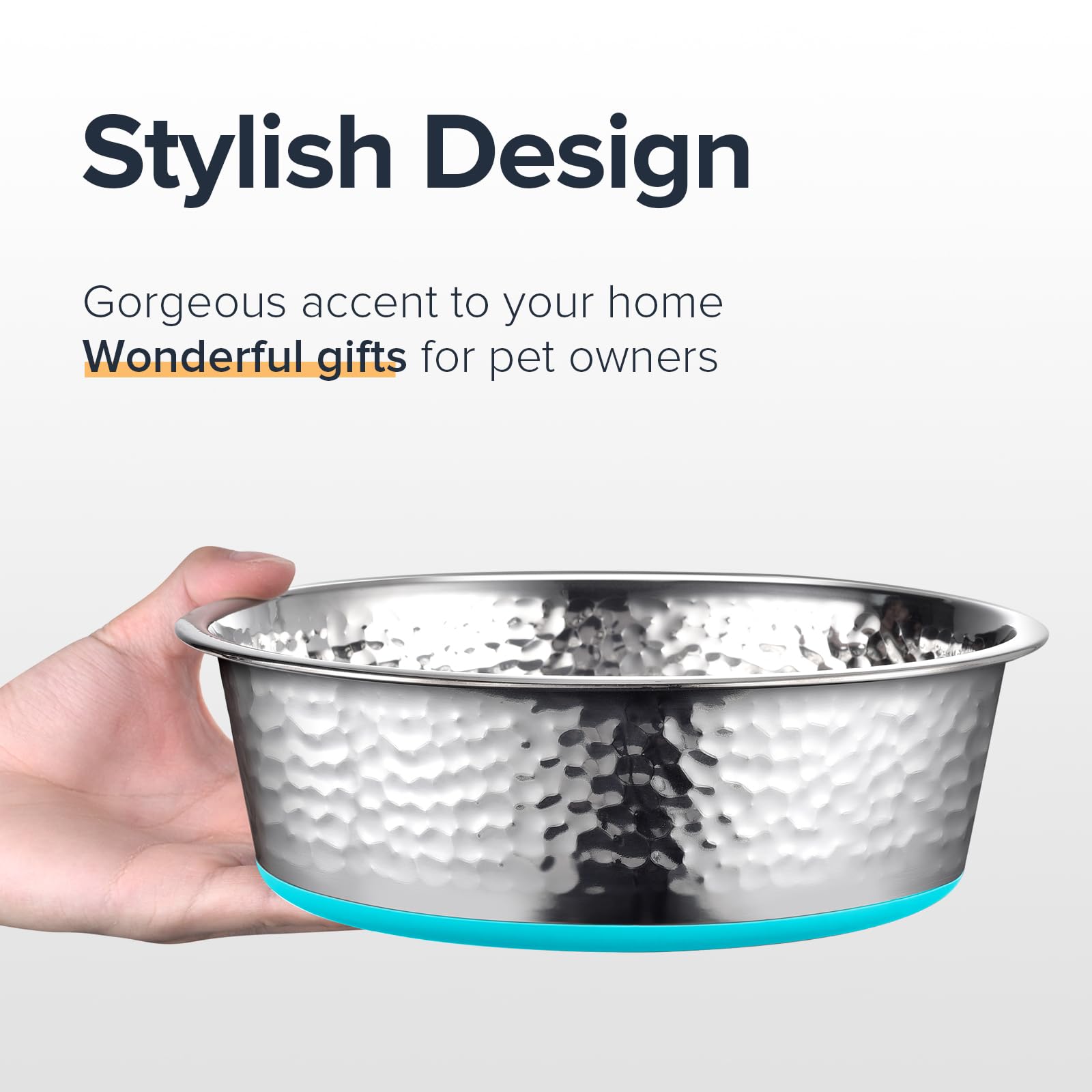 Urbuddies 2 Pack Hammered Stainless Steel Dog Bowls, 11 Cup, Turquoise Bottom