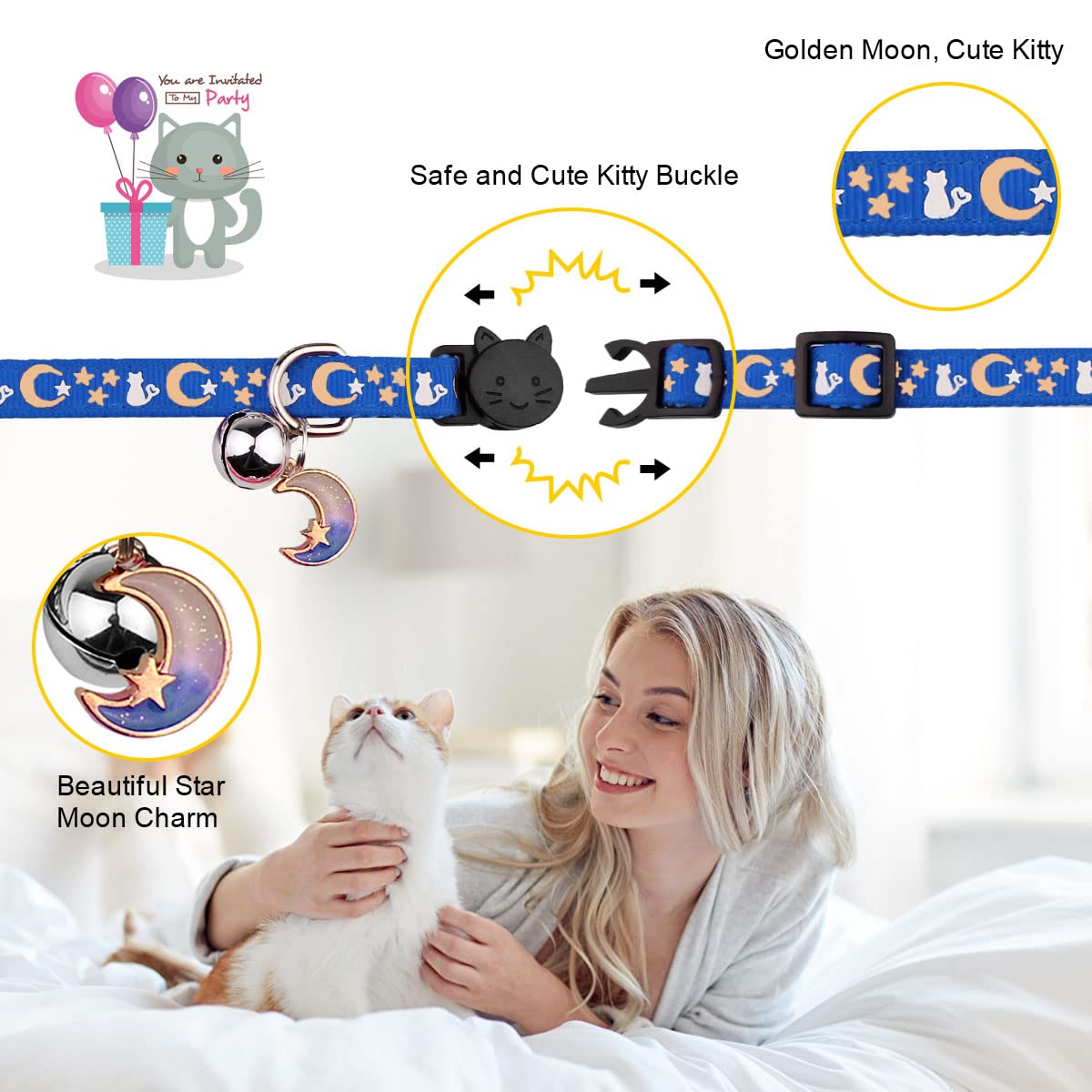 2Pcs Breakaway Cat Collars With Bell Moons Stars Cute Kitty Adjustable Safe Kitten Collars With Pendant Glow In The Dark(Black&B
