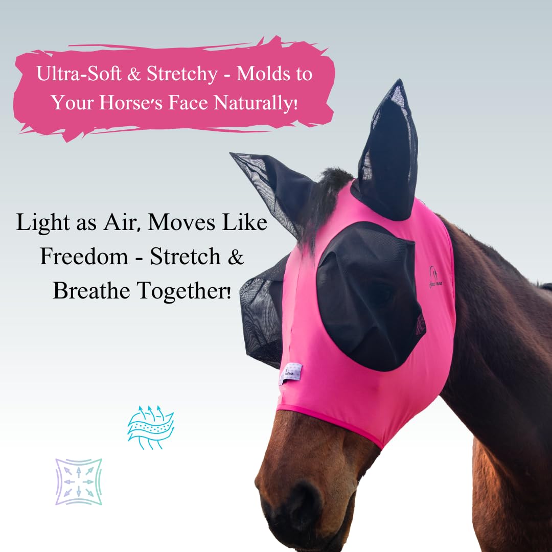 Horzmetnex Stretchy Horse Fly Mask with Ears, Extra-Large Eyes & Mane Opening - Soft, Breathable Fly Mask for Horses, Tangle-Fre
