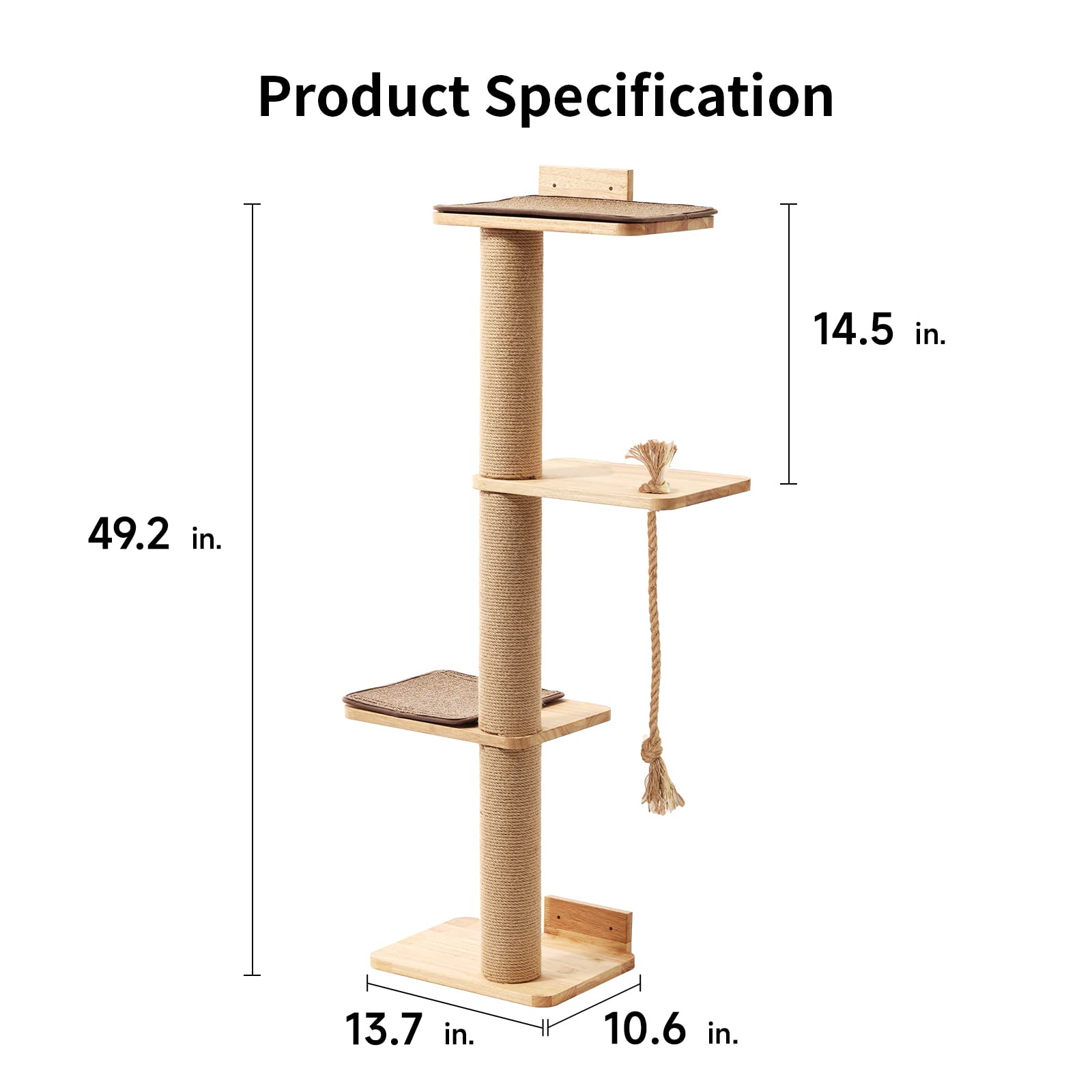 Fukumaru Cat Scratching Activity Tree Wall Mounted, 50 Inch Scratch Post For Large Cats, Kittens With Cat Bed, Rubber Wood, Large