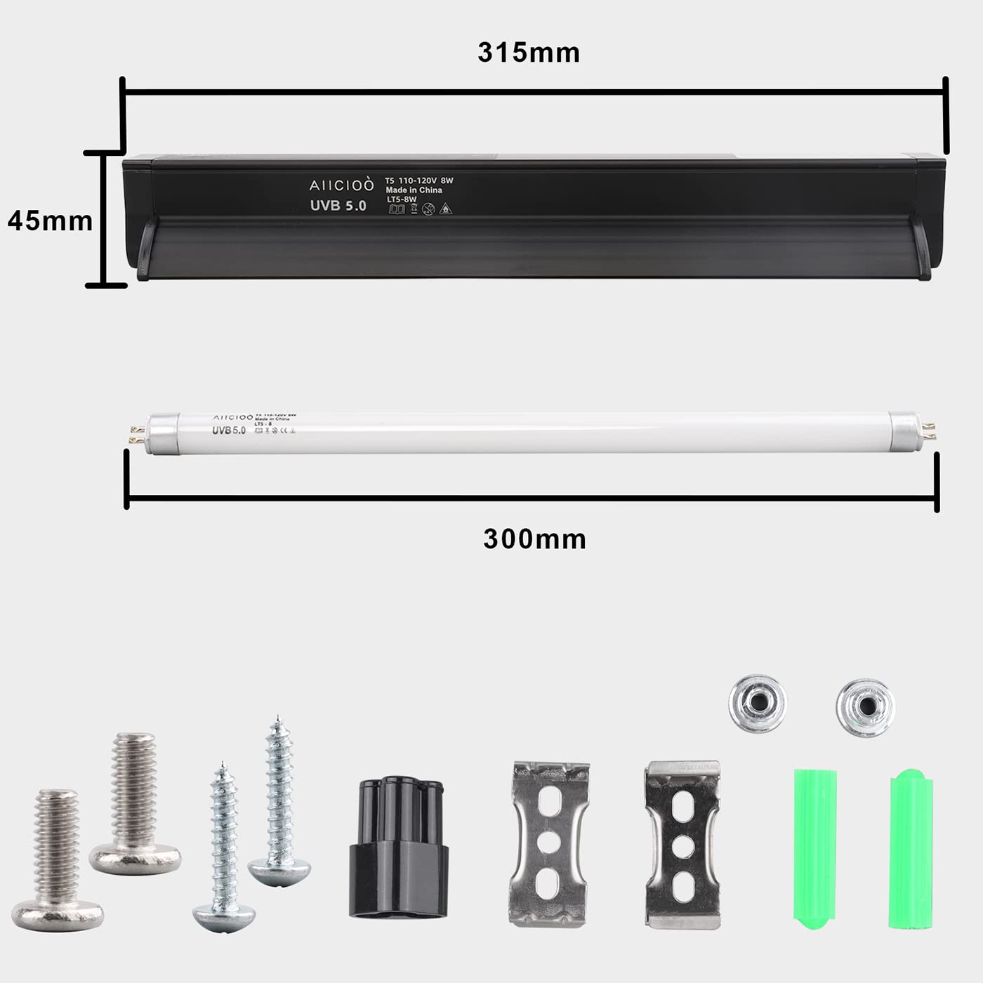 Aiicioo T5 UVB Lighting Combo Kit 8W - Reptile Light Fixture and T5 5.0 UVB Light Bulb for Bearded Dragon Leopard Gecko