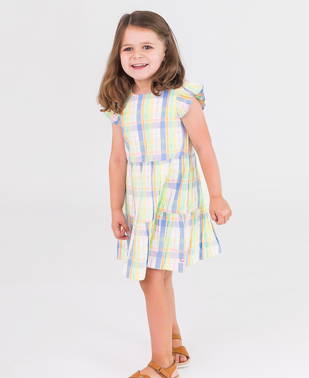 Rufflebutts Clubhouse Rainbow Plaid Flutter Sleeve Tiered Dress - 6-12M