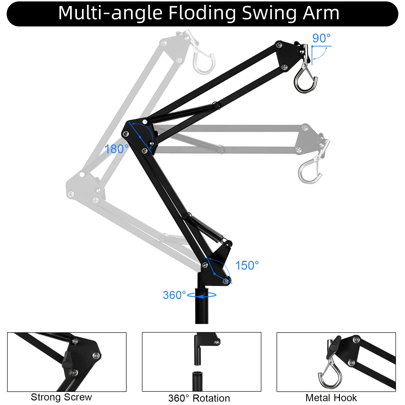 DXOPHIEX Heat Lamp Stand for Reptiles, 360° Adjustable Swing Arm, Height 15.7 to 74.3, Ideal for Bearded Dragons, Turtles, Sn