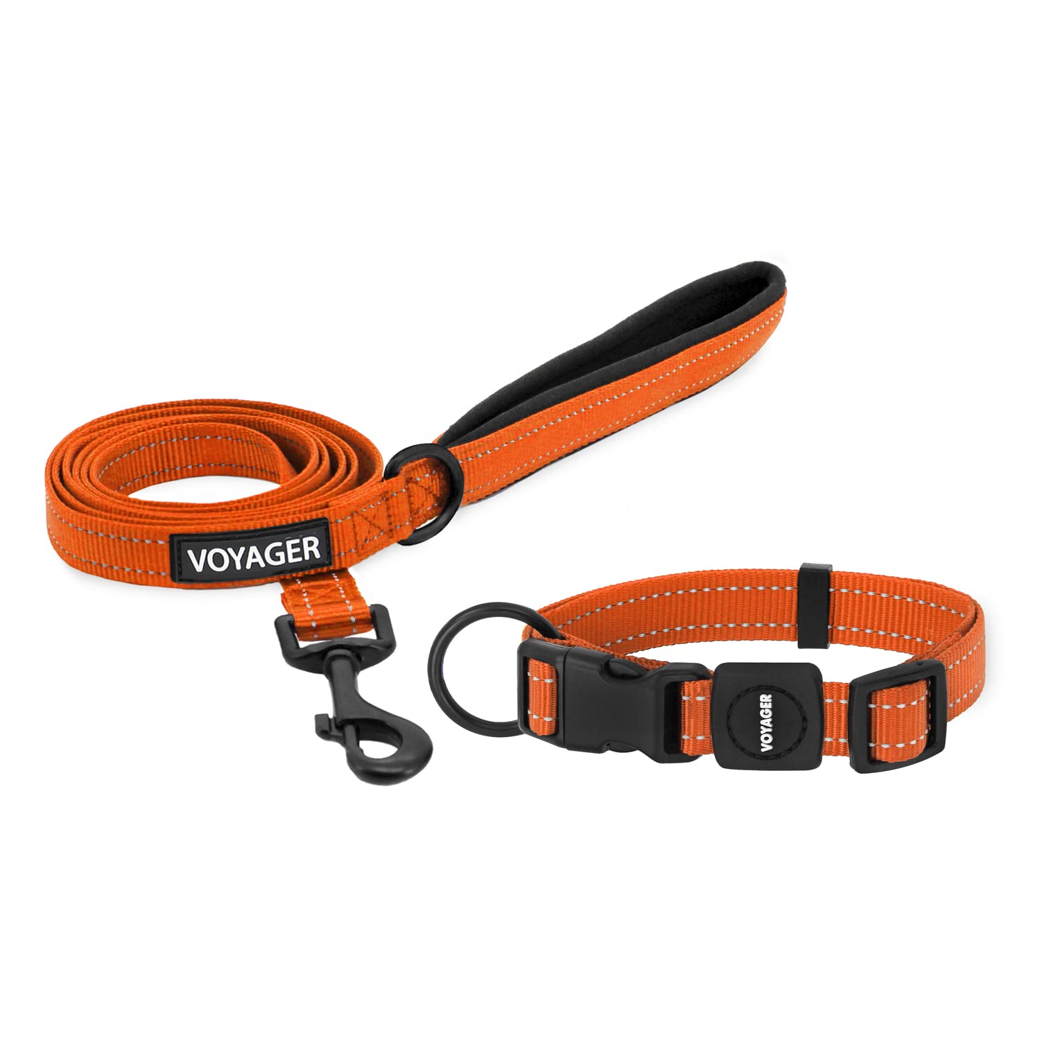Voyager Reflective Dog Leash Collar Set With Neoprene Handle Supports Small, Medium, And Large Breed Puppies, Cute And Heavy Duty For Walking, Running, And Training - Orange, L
