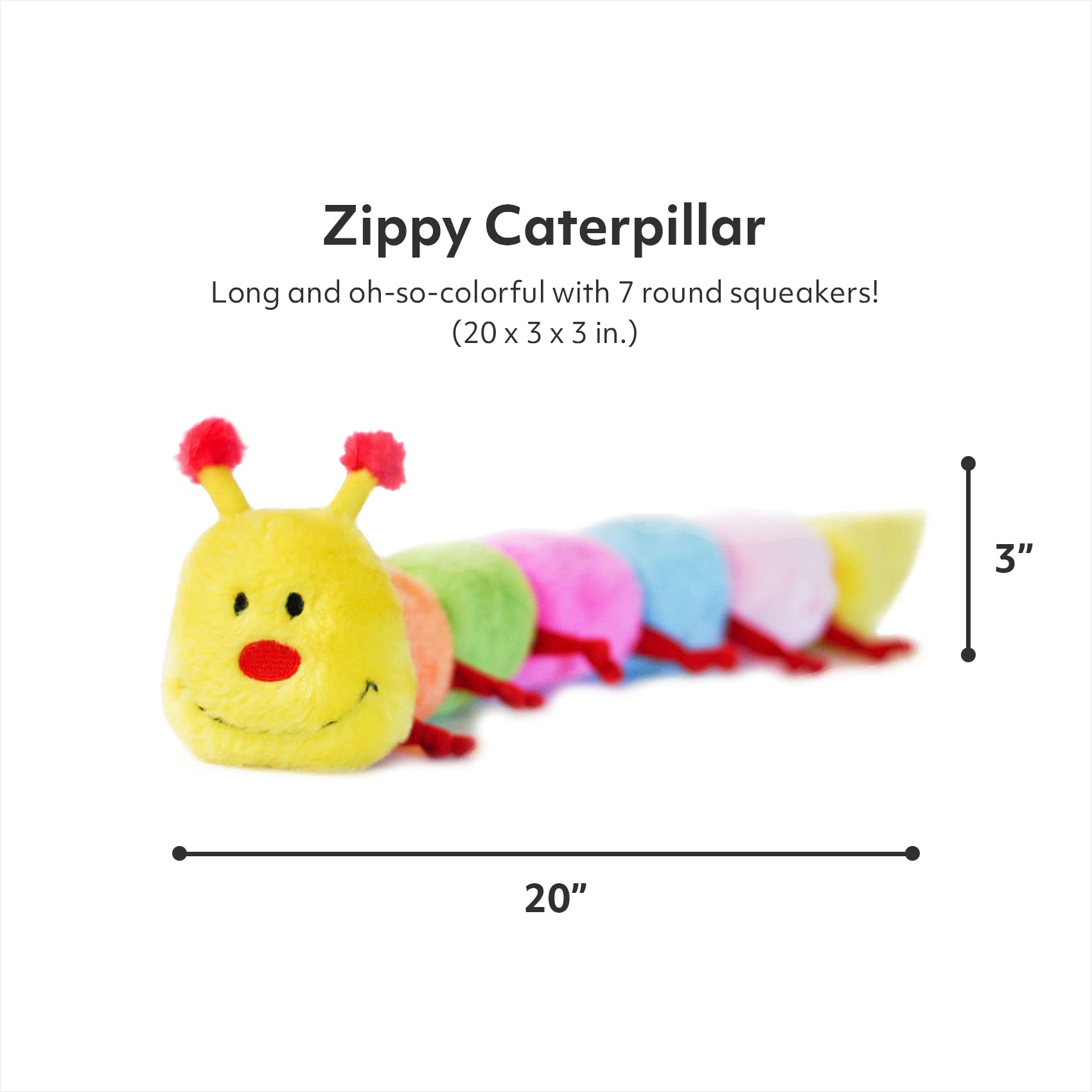 ZippyPaws Large Caterpillar Dog Toy - Soft Plush, 7 Squeakers, Multicolored, for Medium and Large Dogs, Model ZP033, 20"