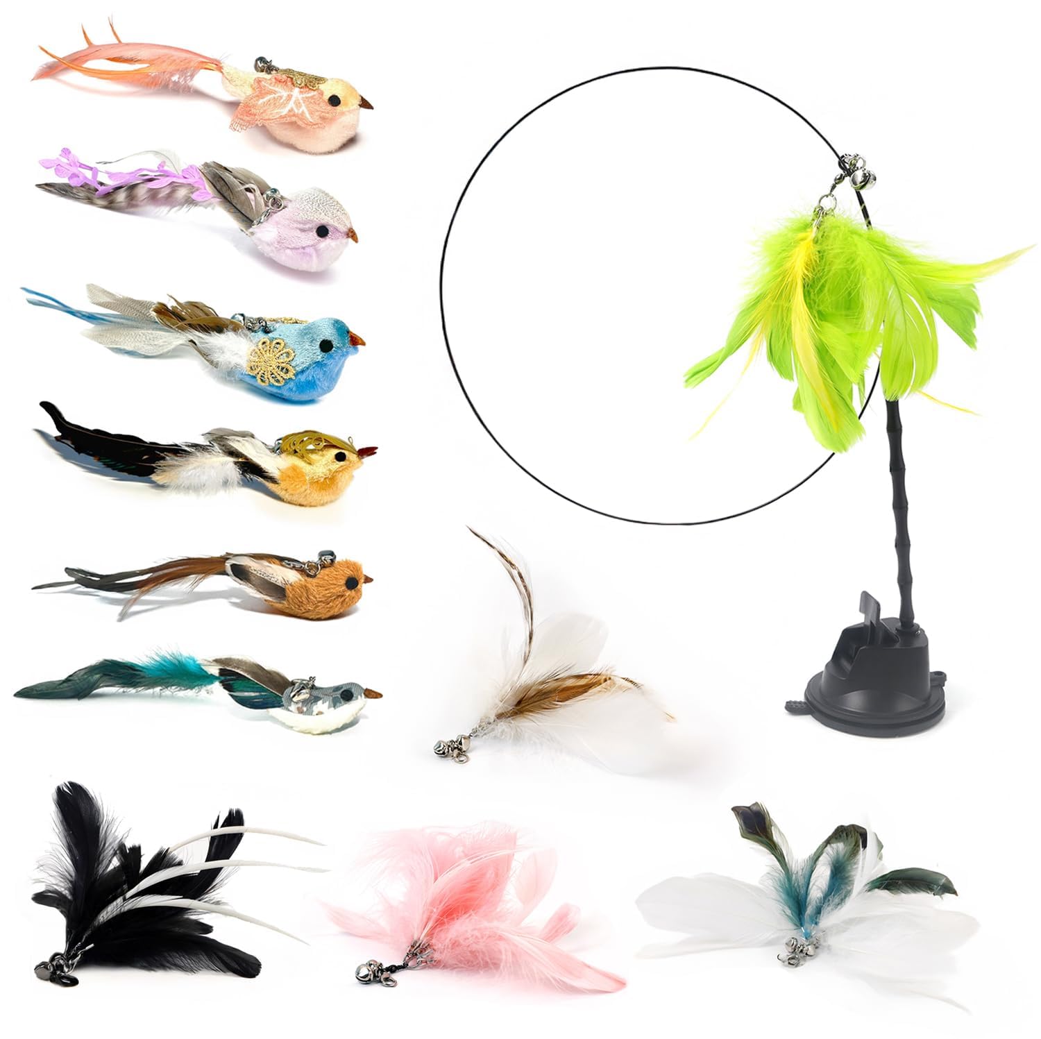 12PCS Interactive Cat Feather Wand Toy Set - 11 Bird & Feather Teaser Refills with Bells + Flexible Suction Cup Wand - Realistic