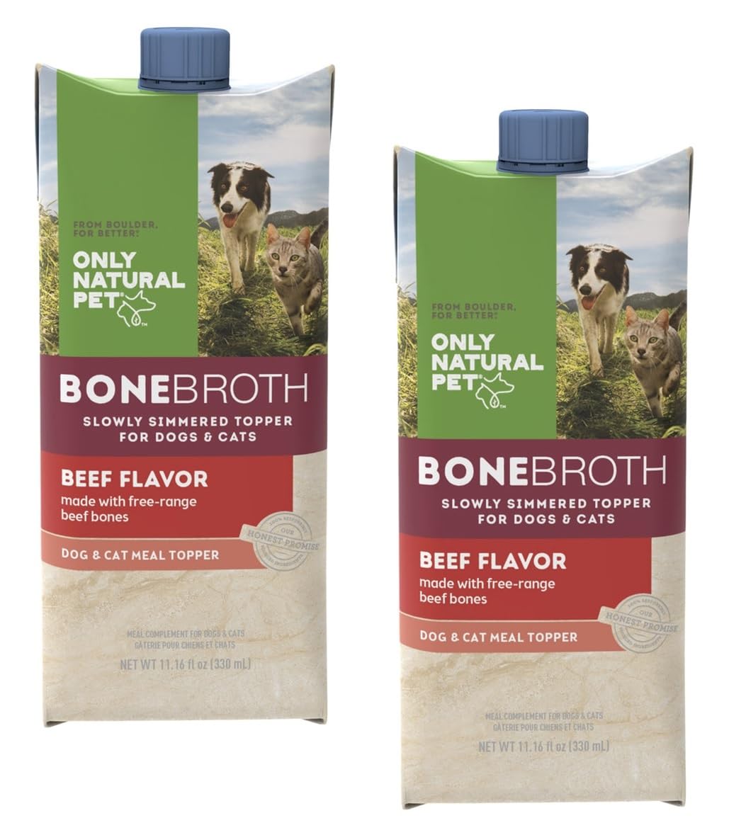 Only Natural Pet Bone Broth Beef Flavor Dog & Cat Meal Topper, 100% Human-Grade Slow-Simmered, Free-Range for Dry Food or to Hyd