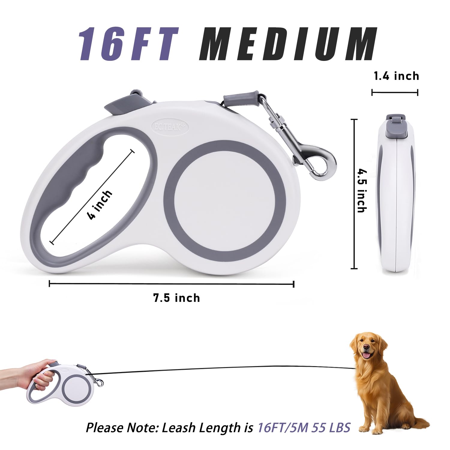 Retractable Dog Leash, 16 Ft Retractable Leash For Dogs 0-55 Lbs, Strong Nylon Tape No Tangle, One-Handed Brake, Pause, Lock, Pe