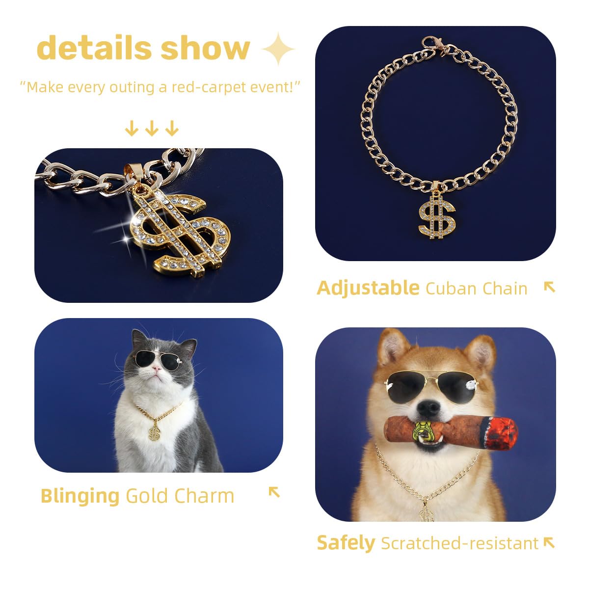 Funny Dog Sunglasses And Gold Chain Toys Set, Cuban Link Necklace With Dollar Sign Charm, Puppy Cat Superstar Costume Outfits Ac