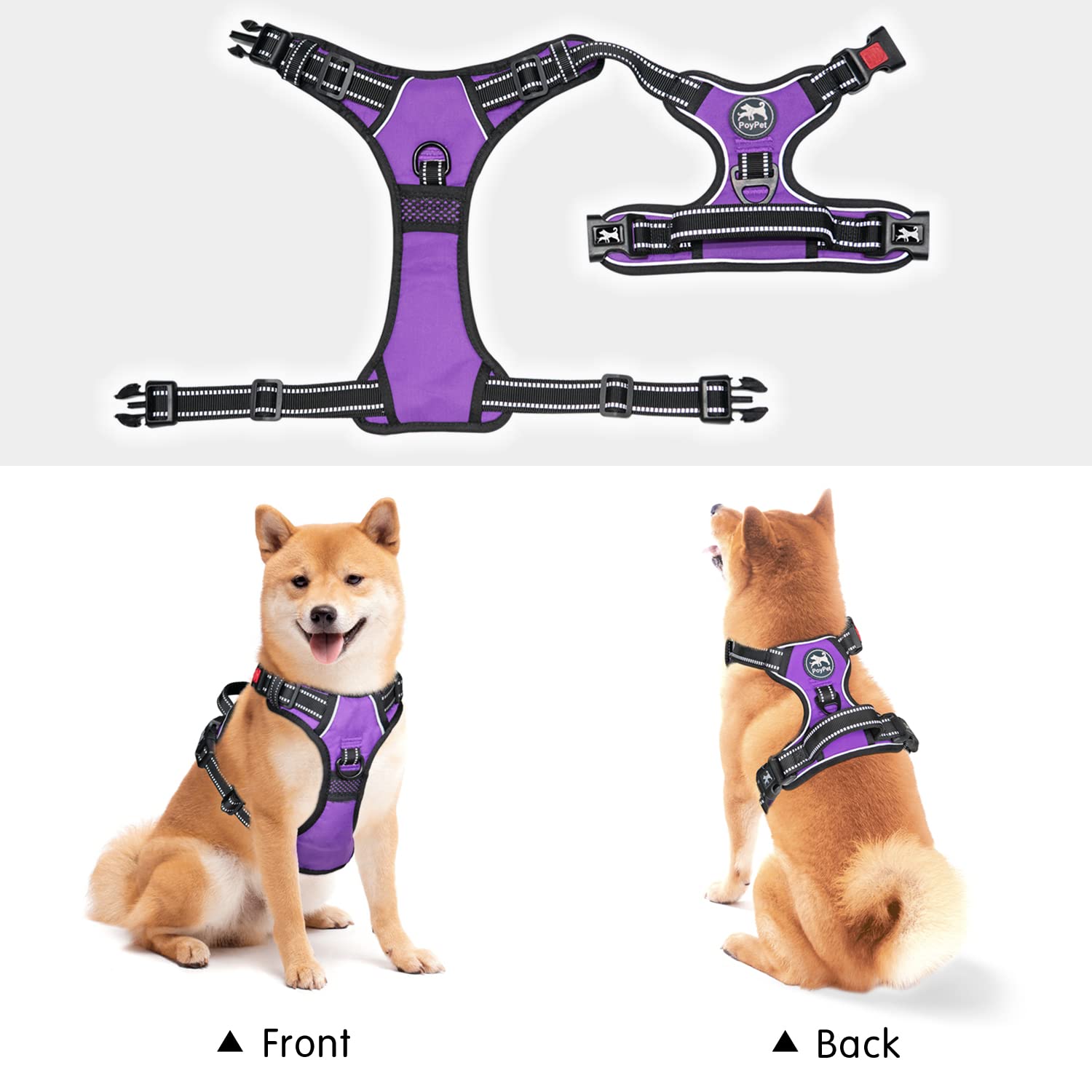 Poypet No Pull Dog Harness, No Choke Front Clip Dog Reflective Harness, Adjustable Soft Padded Pet Vest With Easy Control Handle For Small To Large Dogs(Purple,M)
