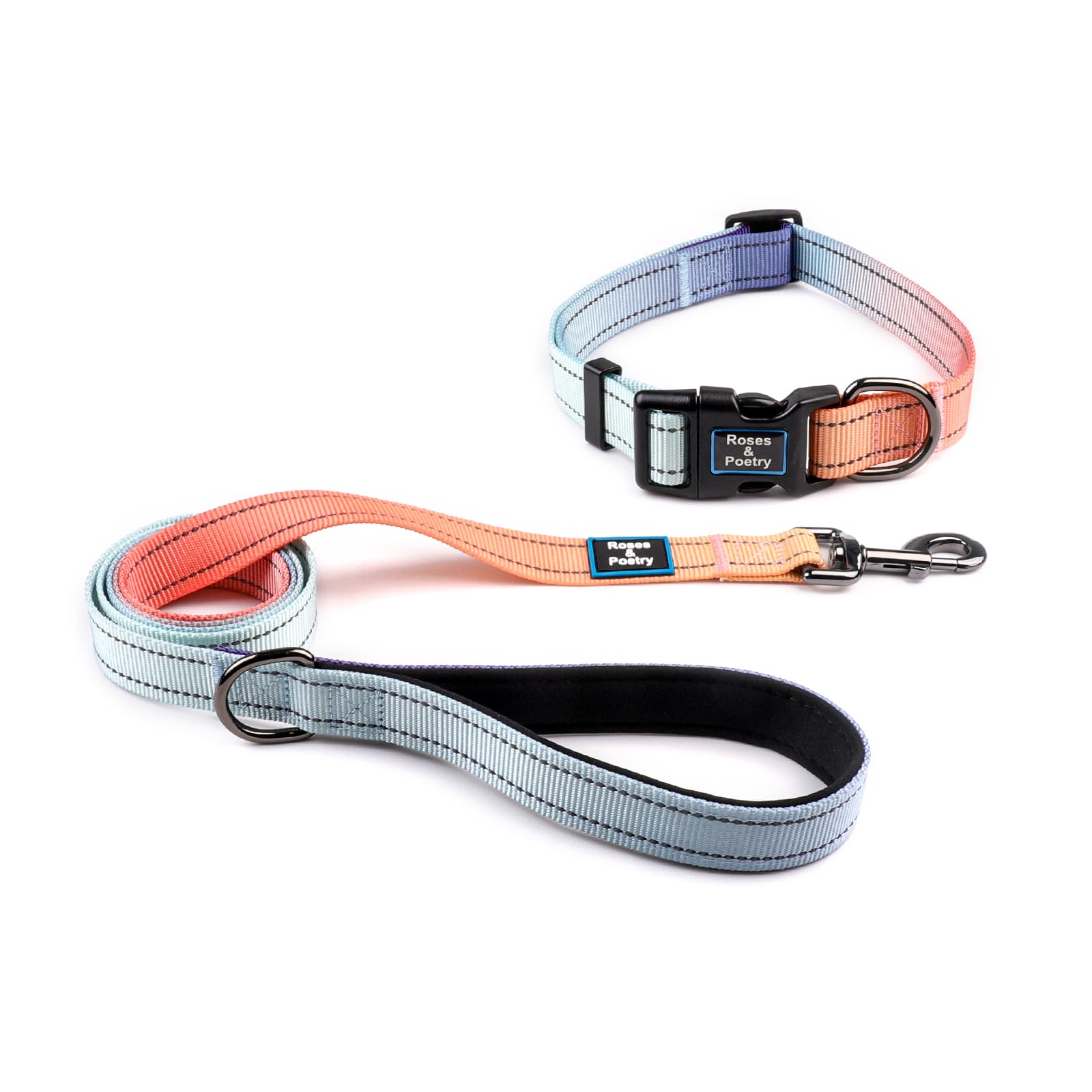 Roses&Poetry Reflective Dog Collar And Lead With Gradient Azure,Adjustable Durable Pet Collars Leash For Medium Large Dogs (Azure-M
