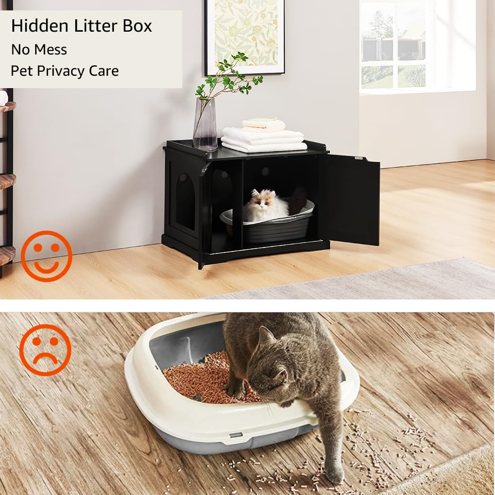 unipaws Black Cat Litter Box Enclosure Furniture, Kitty Hidden Litter Box Cover, Concealed Litter Box Cabinet, Dog Proof Cat Lit