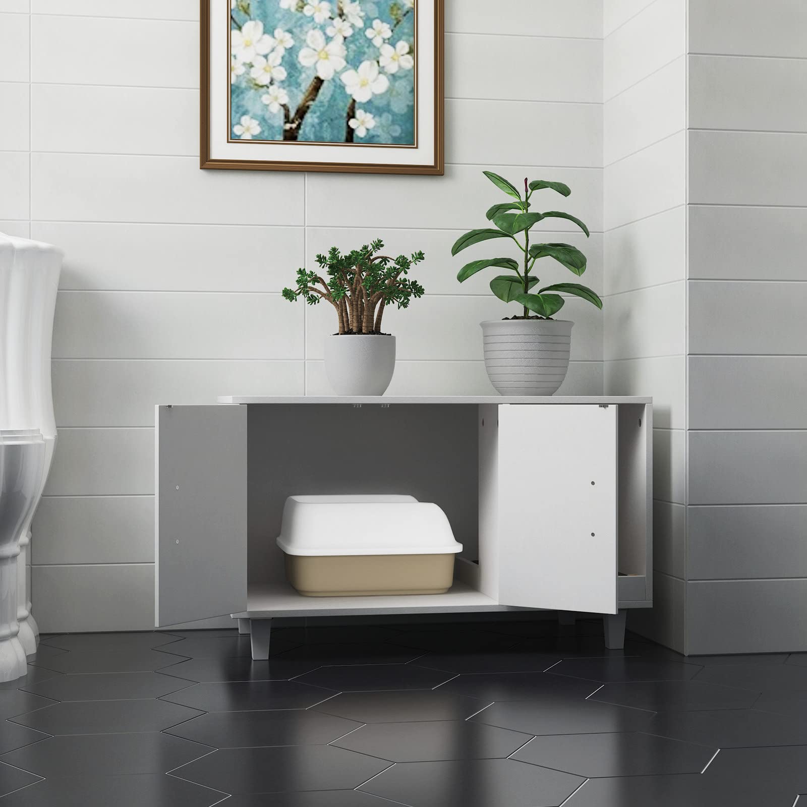 Gdlf Modern Wood Pet Crate Cat Washroom Hidden Litter Box Enclosure Furniture House As Table Nightstand With Scratch Pad,Stackable (White)