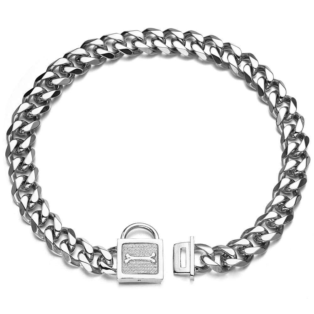 Aiyidi Heavy Pet Dog Collar, Stainless Steel Metal Slip Choker Collar, With Personality Rhinestone Lock, 19Mm Silver Cuban Link Chain,12-26Inch, Water-Proof, Chew-Proof, For Medium & Large Dogs(20'')
