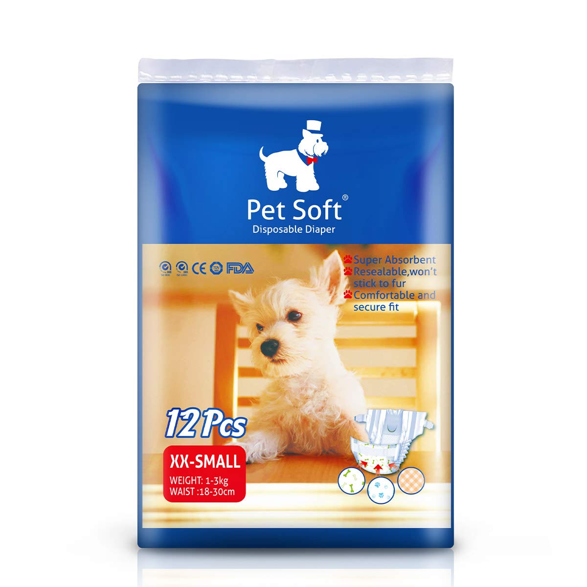 Pet Soft Doggie Diapers - Disposable Dog Diapers For Female In Heat Period Or Urine Incontinence, Puppy & Cat Diapers Ultra Absorbent 12Pcs Xxsmall