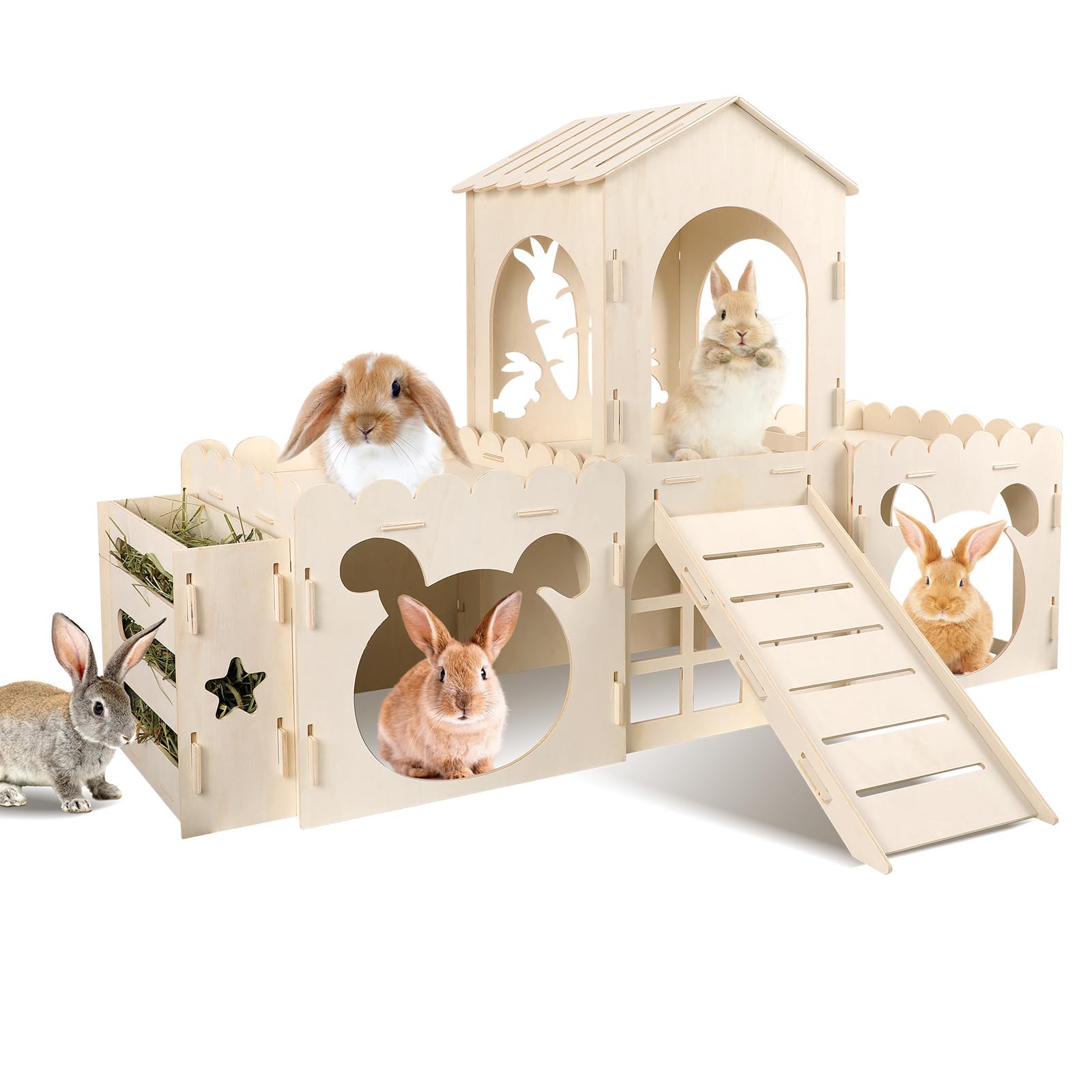 Large Rabbit Hideout Bunny Castle, Wooden Bunny House & Hay Feeder, Detachable Rabbit Hideaway, Indoor Rabbit Castle With Ramp, 