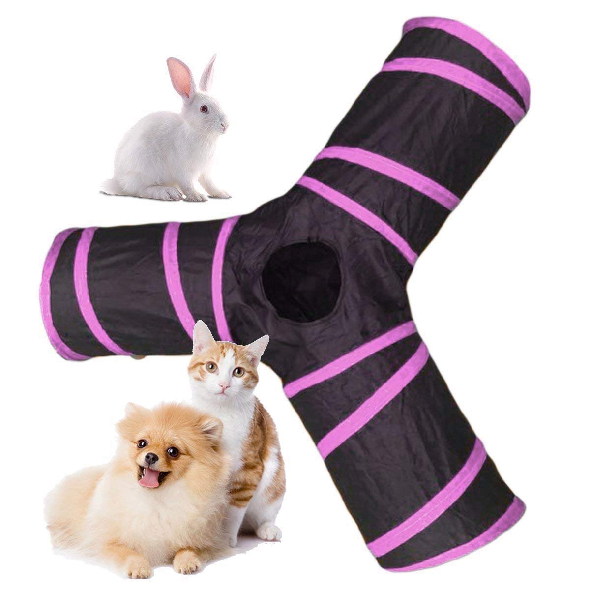 Western Era Cat Tunnel Toy 3 Way Collapsible For Indoor & Outdoor Play With Hanging Toy Ball For Cat, Rabbit, Guinea Pig (Pink)