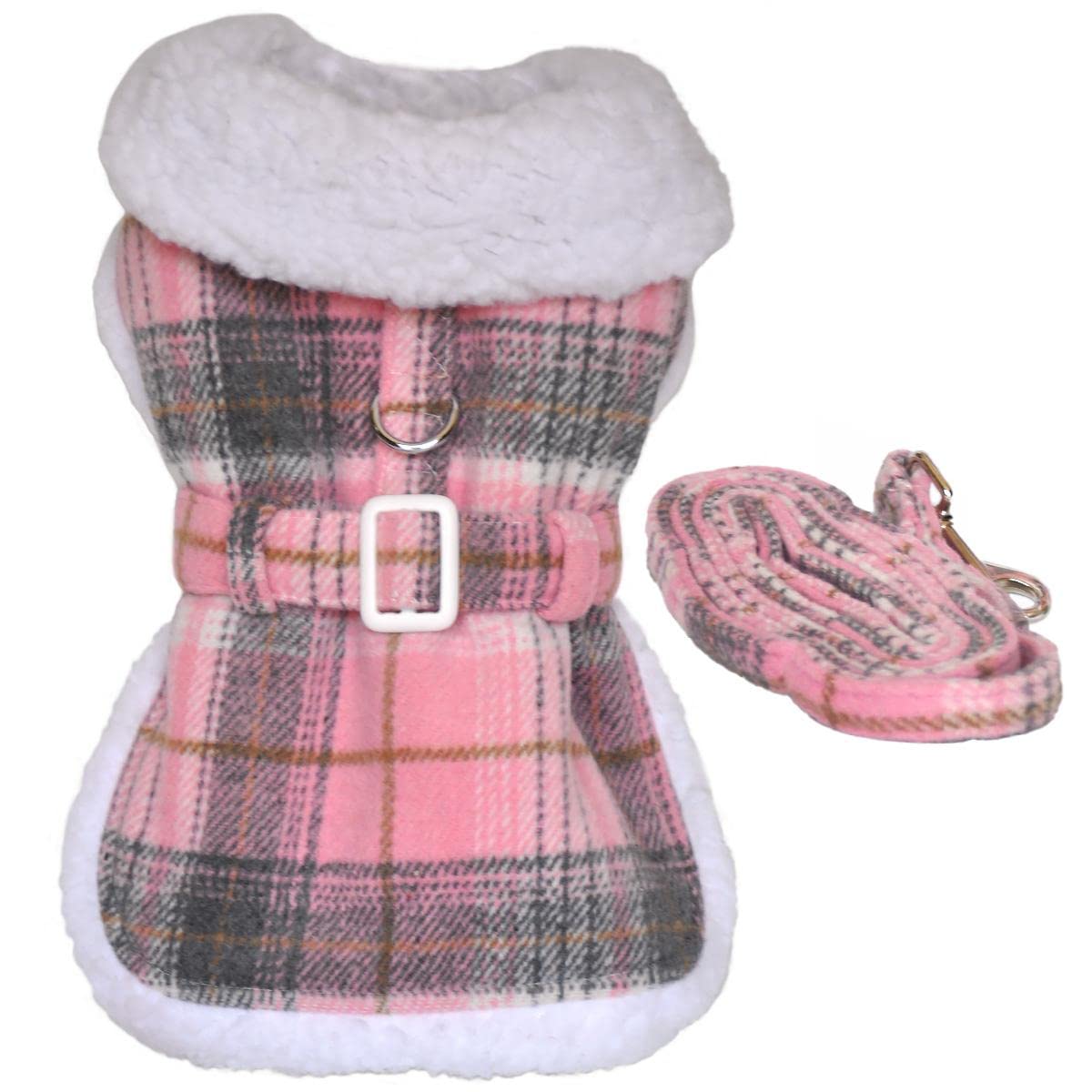 Doggie Design Plaid Fur-Trimmed Dog Harness Coat - Pink And White (X-Large)